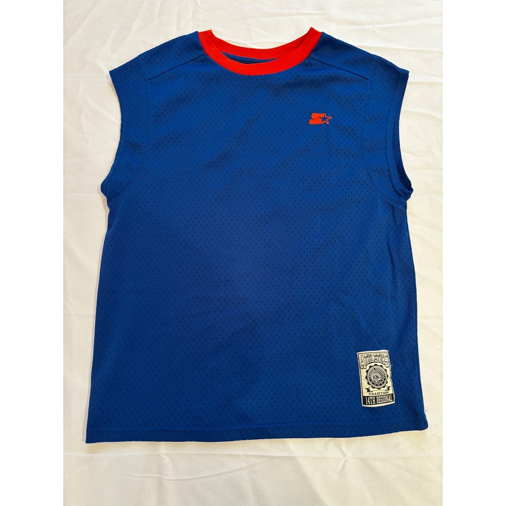 Starter Mens Blue‎ Mesh Sleeveless Jersey Shirt Red Trim Boys XL 14/16